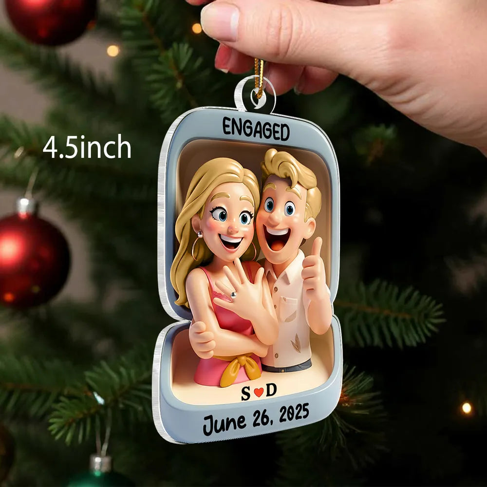 Acrylic Ornament With Engaged Couple Illustration Personalized Holiday Keepsake A Sweet Unique Gift For Couples
