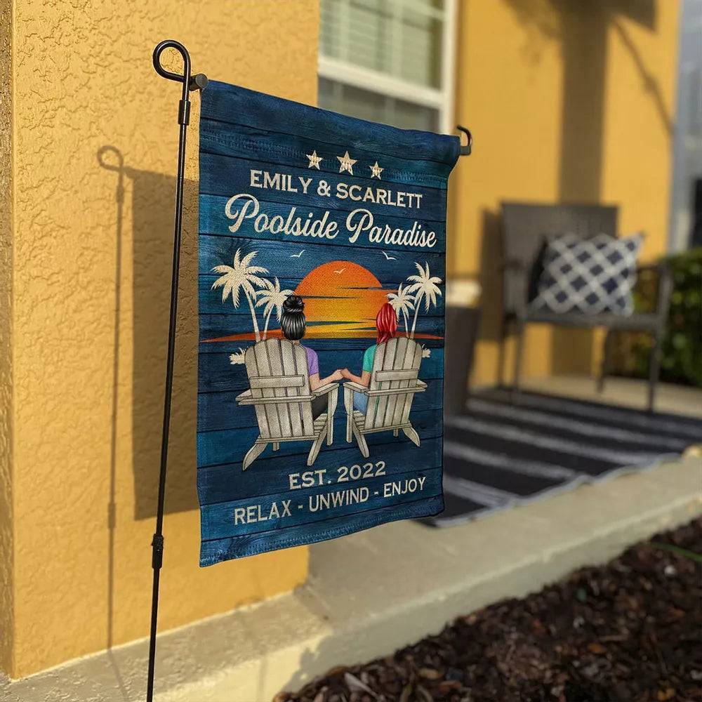 Relaxing Poolside Paradise Decor with Optional Flag Background Couple Sitting Personalized Sign, Flag, Vase - Perfect for Garden, Housewarming, Birthday, Anniversary Gift for Him, Her