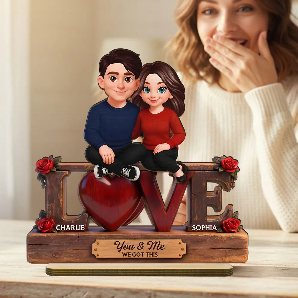 2-Layer Wooden Plaque with Cute Couple on LOVE Sign and Red Heart, Personalized Keepsake for Your Favorite Person