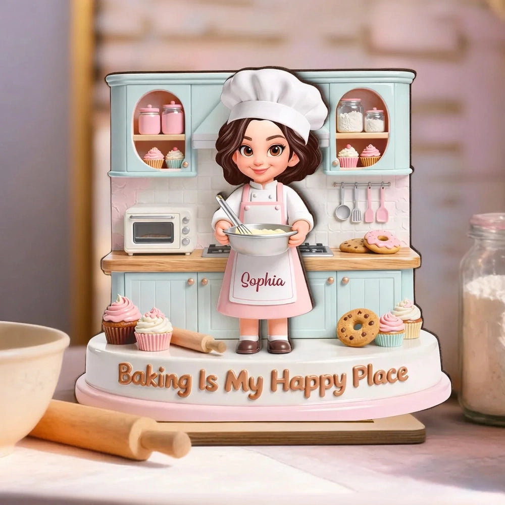 Personalized 2-Layer Wooden Plaque, Baking Is My Happy Place Cute Chef in Pastel Kitchen, Unique Gift for Mom or Grandma