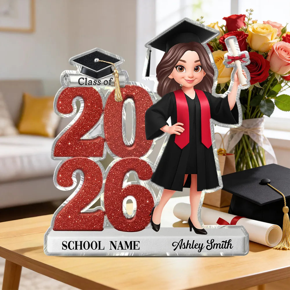 Personalized Shaped Acrylic Block Plaque Graduation Decor, Cute Cartoon Grad Holding Diploma, Unique Gift