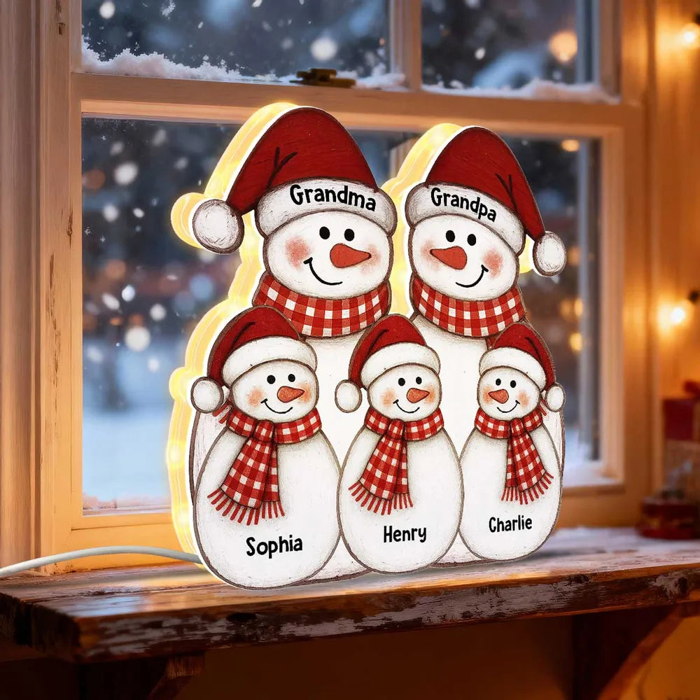 Acrylic Light Box with Folk-Art Snowman Family, Christmas decor, warm glow, unique personalized gift for Grandparents