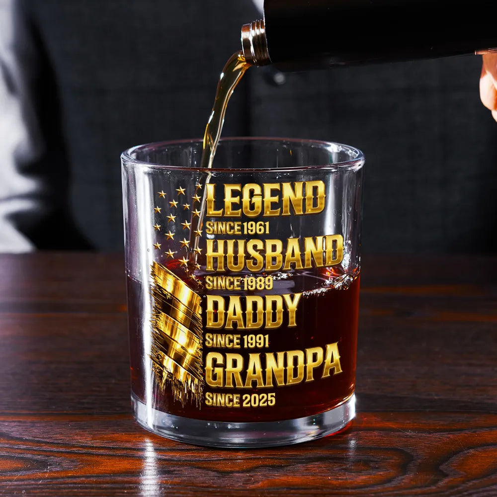 Personalized Whiskey Glass Legend Since Custom Gift for Husband Daddy Grandpa - Gold Feather Bar Look