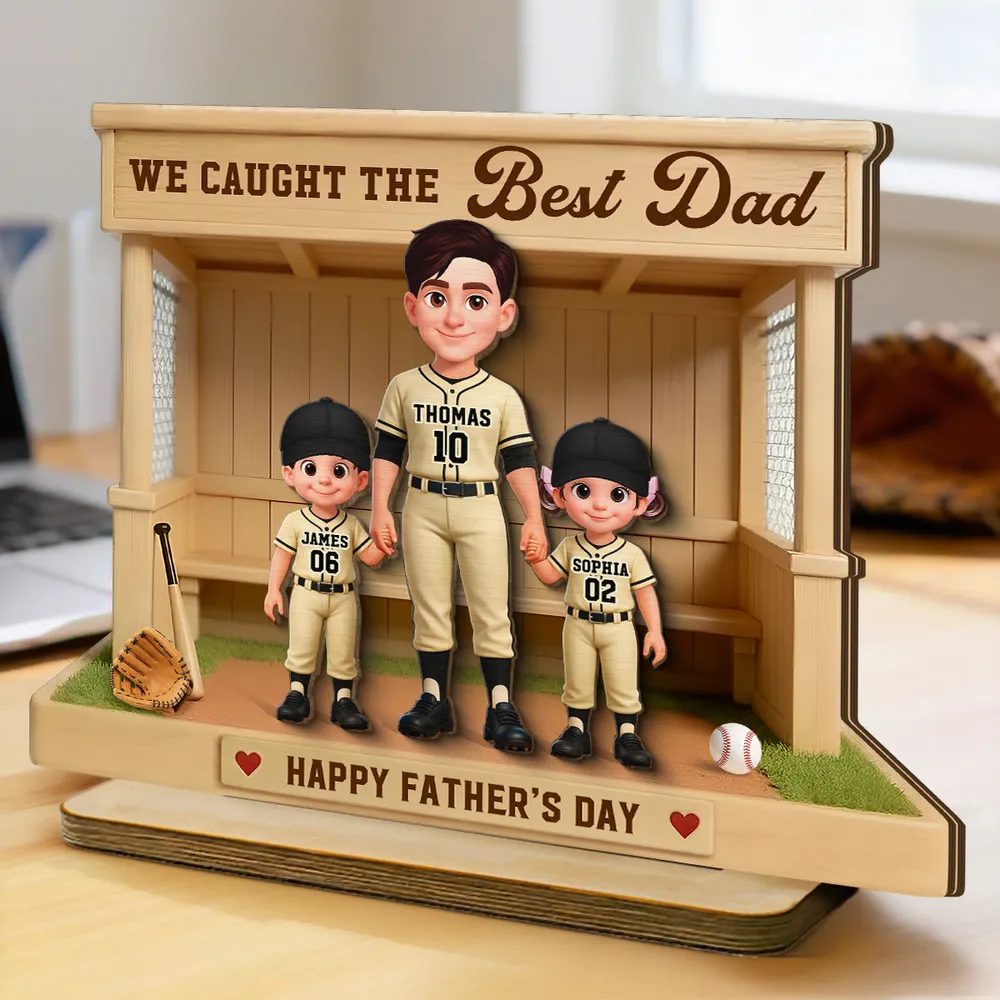 Personalized 2-Layer Wooden Plaque Baseball Dugout Dad and Kids Scene, Father's Day Gift with Heartfelt Message