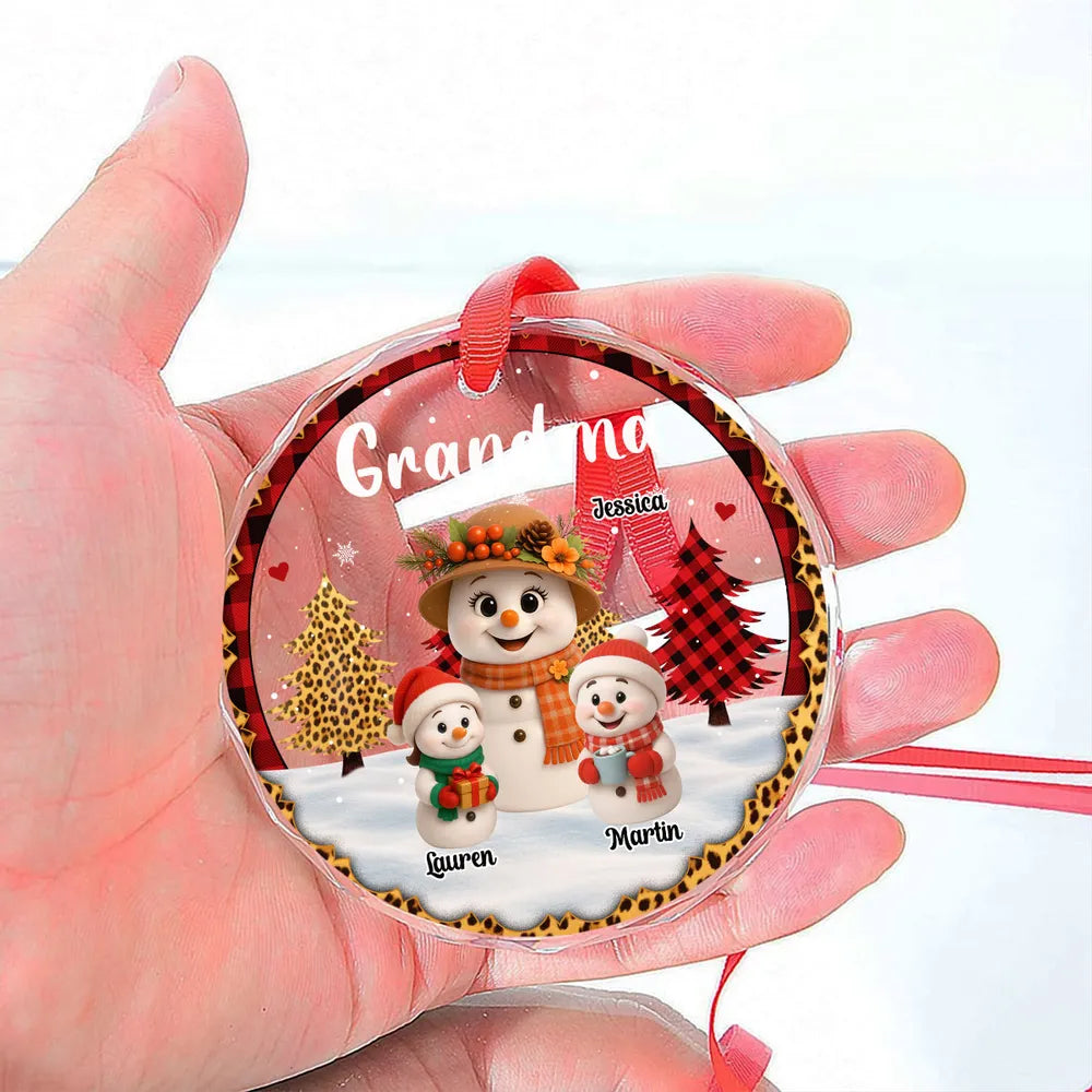 Personalized Crystal Ornament for Grandma with Cute Snowman Grandkid Scene, Festive Holiday Decor & Unique Gift