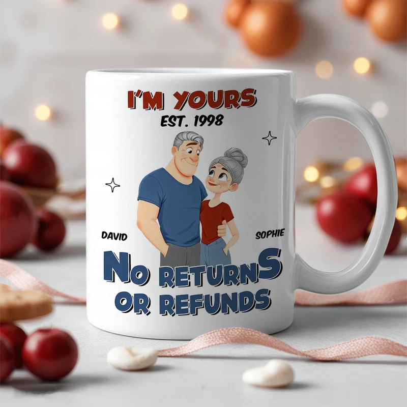 White Ceramic Mug Personalized with Cartoon Couple Hug, Playful No Returns or Refunds Design, Cute Gift for Couples