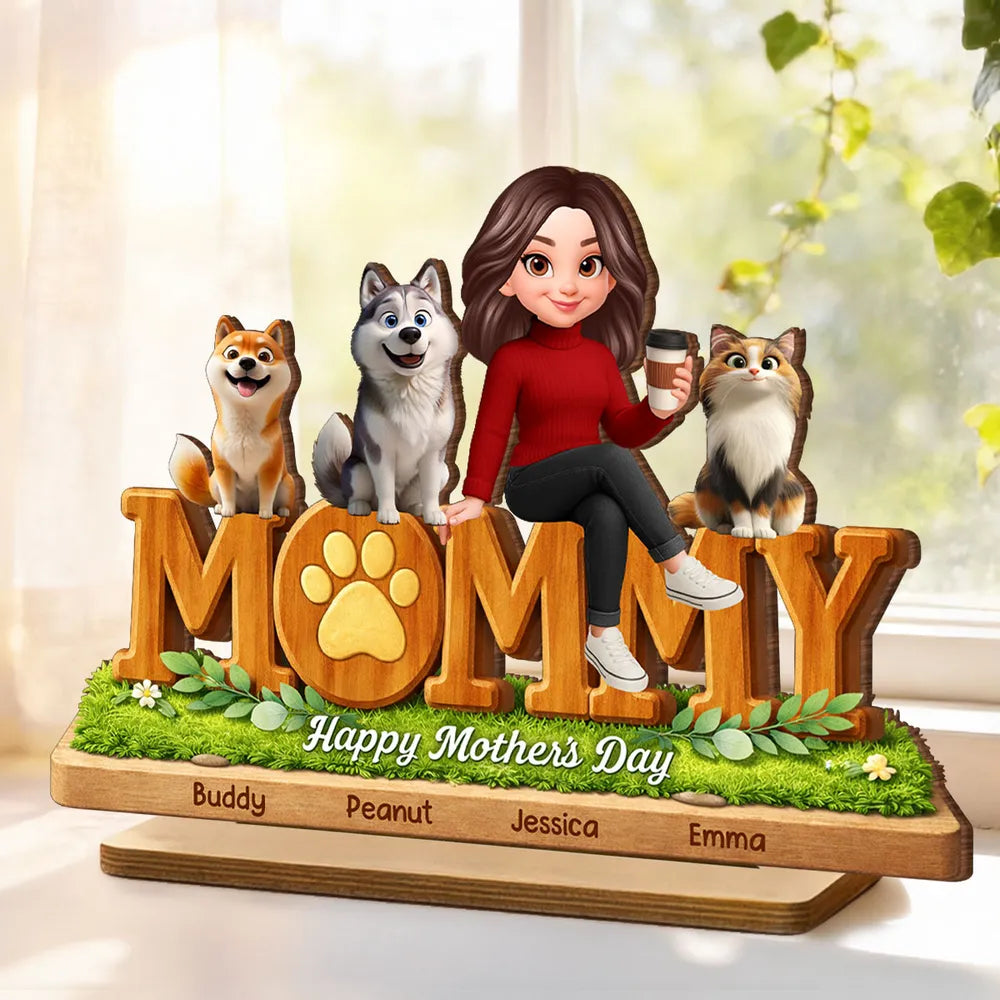 Personalized 2-Layer Wooden Plaque for Dog Mom and Cat Mom, Happy Mother's Day Mommy Design, Unique Gift for Her