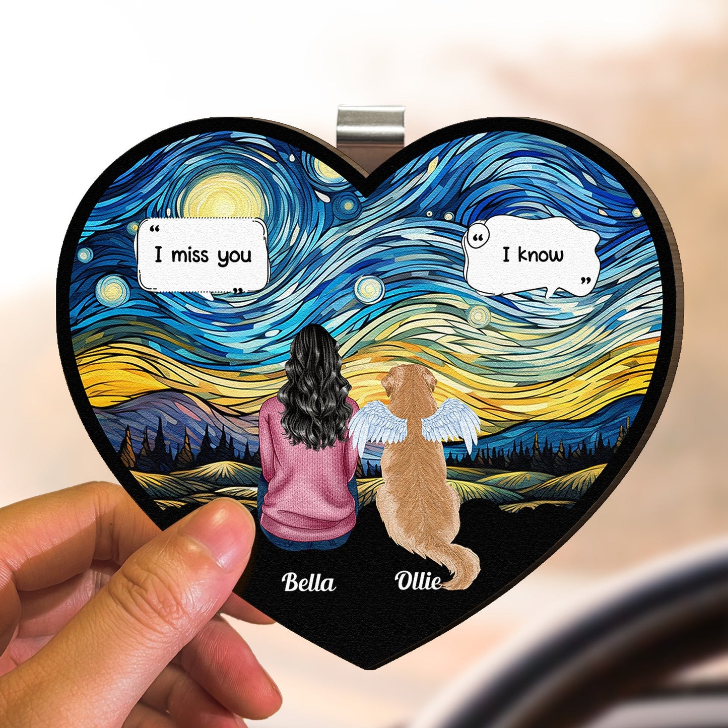 Sentimental Pet Tribute Wooden Car Visor Clip, Angel Wings Dog Design Under a Starry Sky - Personalized Unique Gift