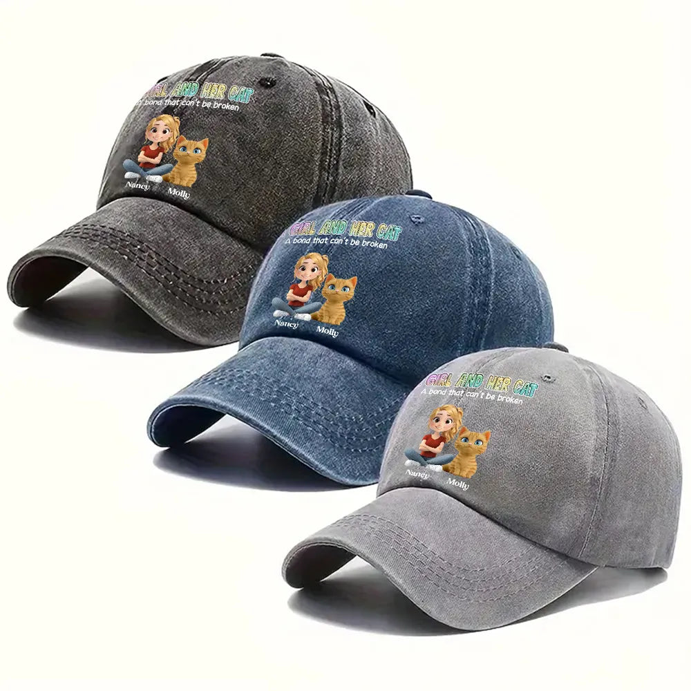 Denim Baseball Cap, Vintage Washed, Custom Pet Graphic, Casual Sun Shield, Unique Gift for Dog & Cat Moms