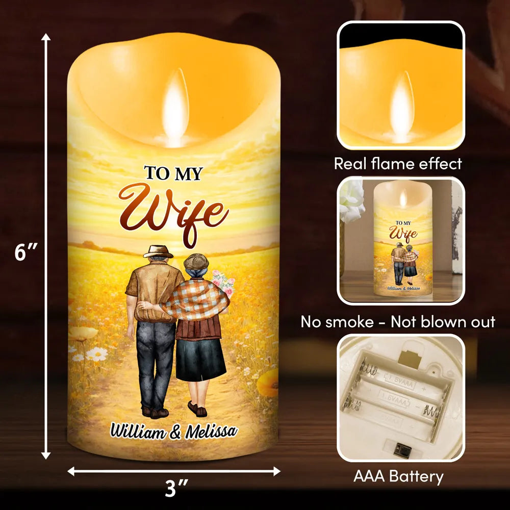 Personalized Flameless LED Candle with Sunset Couple Hugging Art Romantic Unique Gift for Wife Warm Glow Decor