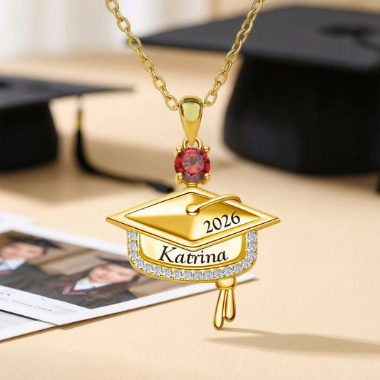 Graduation Cap Pendant Necklace, Personalized Name Charm With Birthstone - Meaningful Gift For Grads
