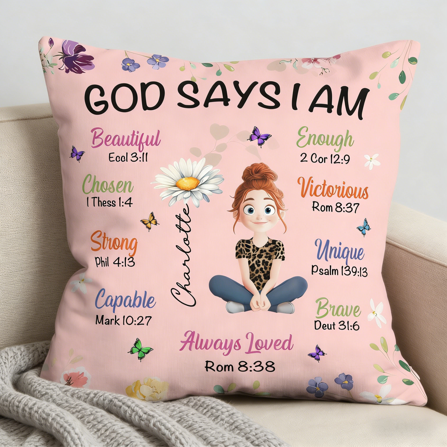 Personalized Square Pillow with Cute Cartoon Girl & Bible Affirmations, Unique Christian Gift for Girls, Cozy Room Decor Accent