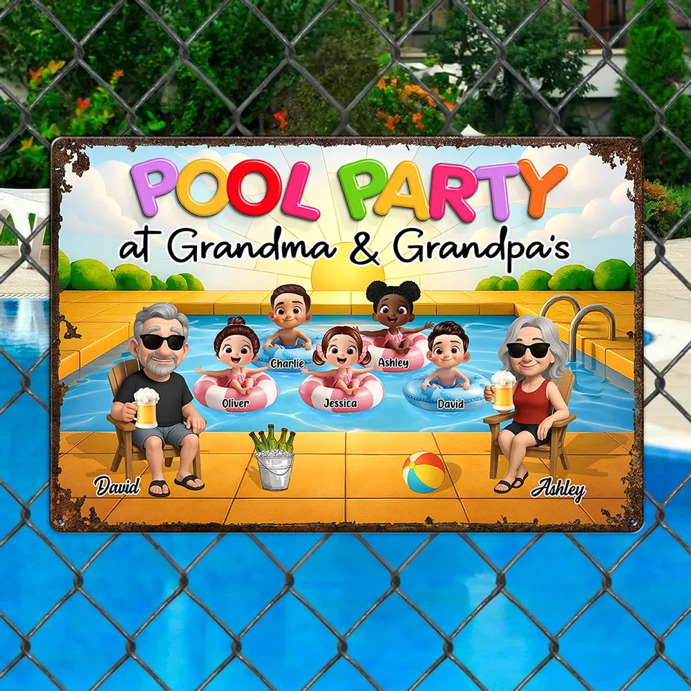 Summer Pool Party Vibes – Personalized Iron Sign with Family Illustration, Gift for Grandma & Grandpa