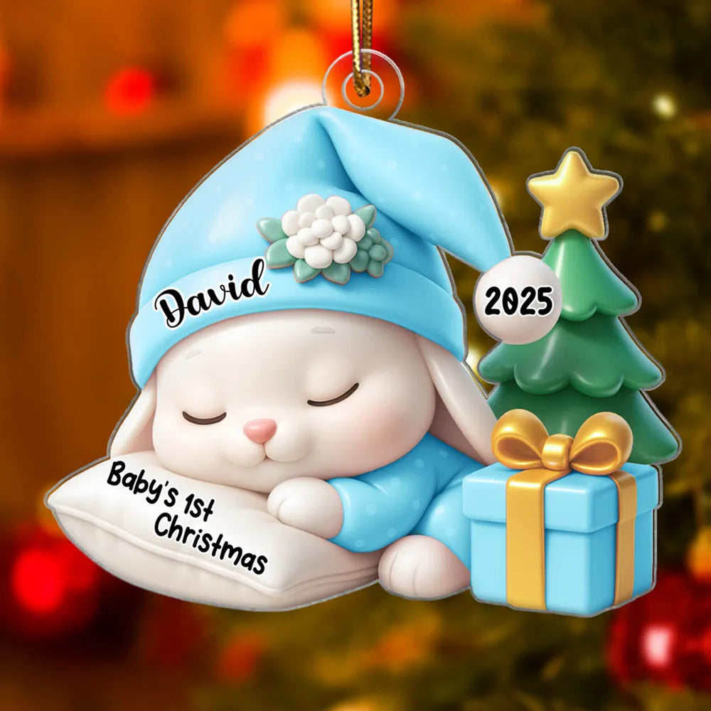 Acrylic Ornament for Baby’s First Christmas – sleeping bunny with tree and gift, pastel blue, gift-ready keepsake for new parents