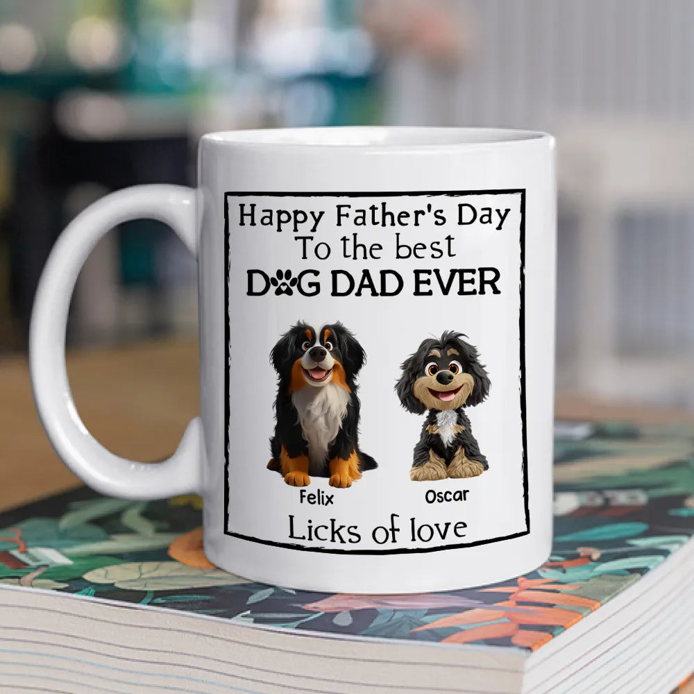 Happy Father’s Day Mug – Cartoon Dogs Sitting Together with Licks of Love – Personalized Gift for Dog Dads