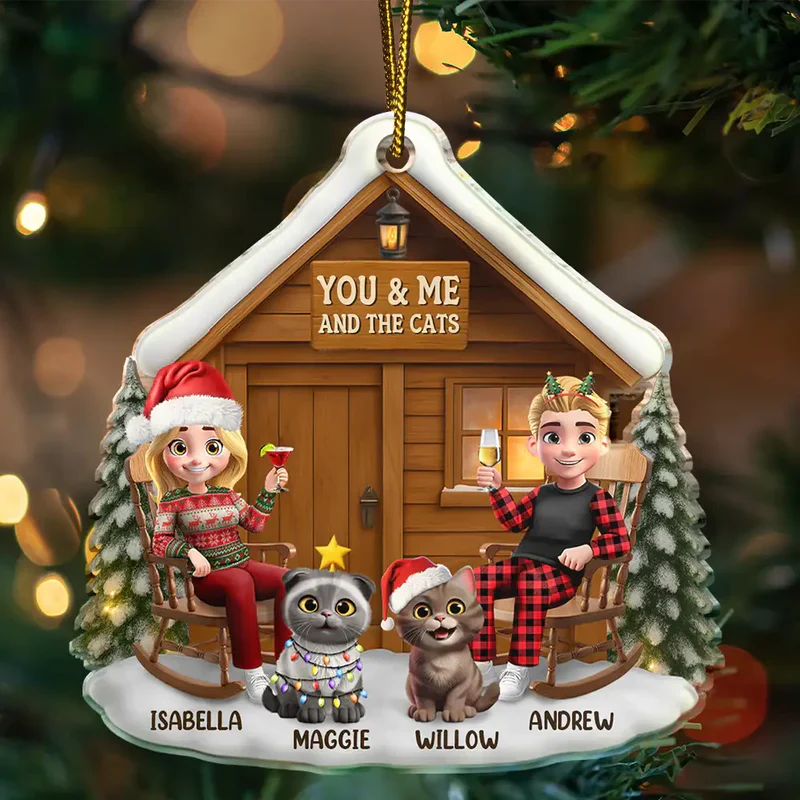 You & Me and the Cat Acrylic Ornament - Cozy Cabin Couple, Snowy Winter Scene - a unique gift for Couples & Cat Lovers