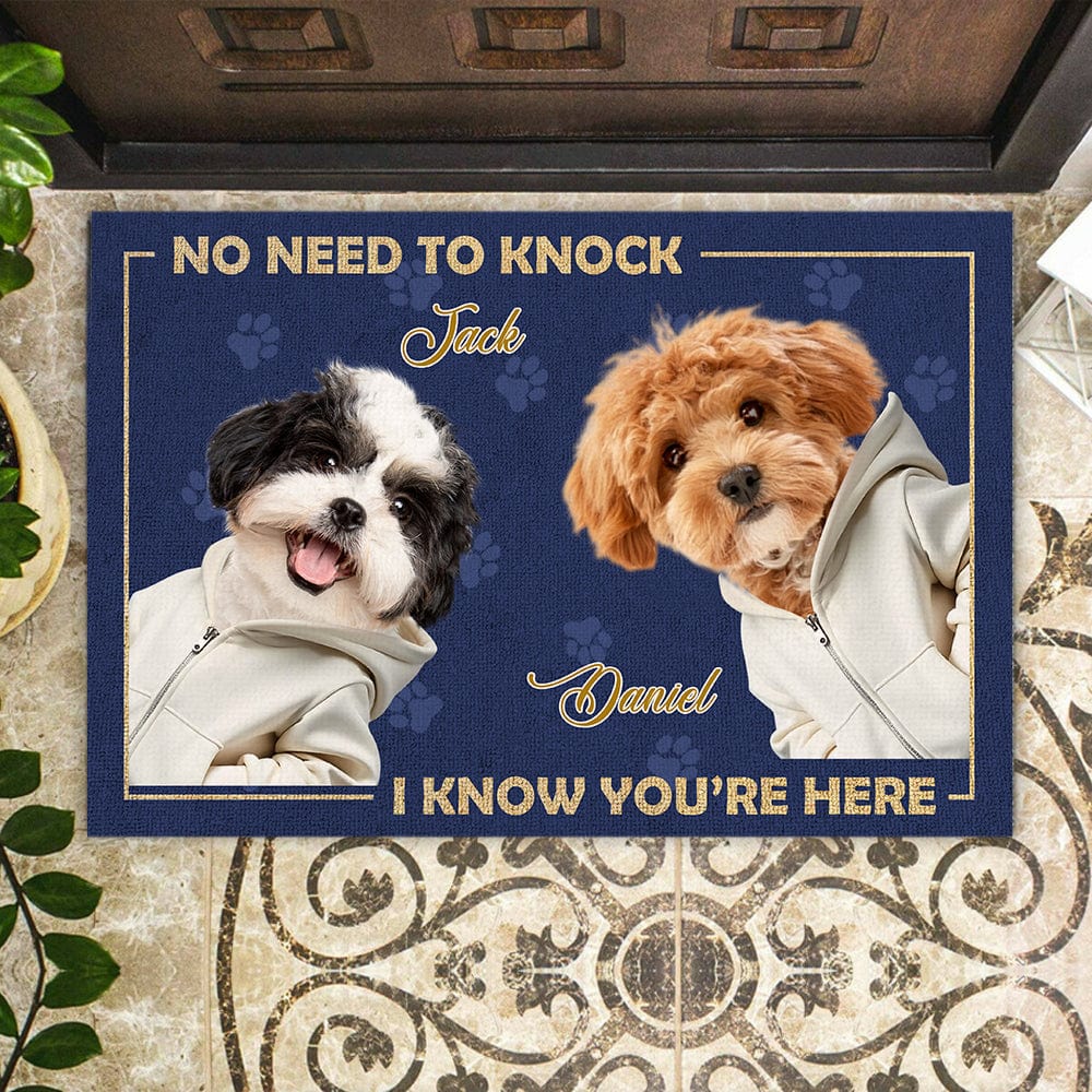 Personalized Doormat for Dog Lovers – Customizable Dog Photo Mat with Message, "No Need to Knock, I Know You’re Here", Perfect Gift for Pet Owners, Home Decor for Dog Families