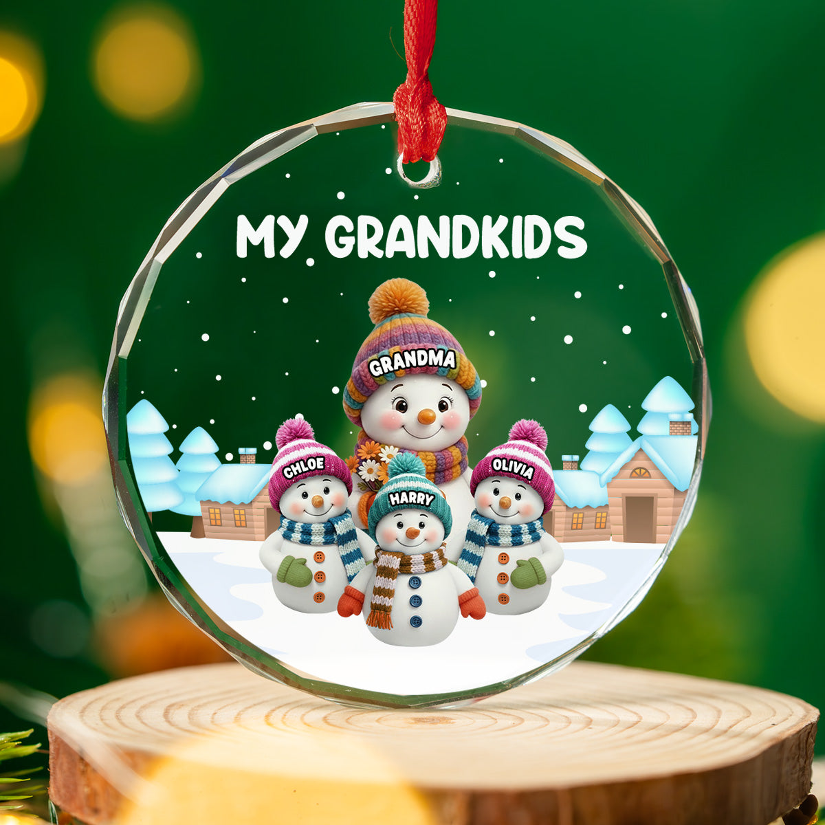 Crystal Ornament with Snowman Grandkids, Snowy Village Scene, customizable decor, heartfelt keepsake, unique gift for Grandma Grandpa