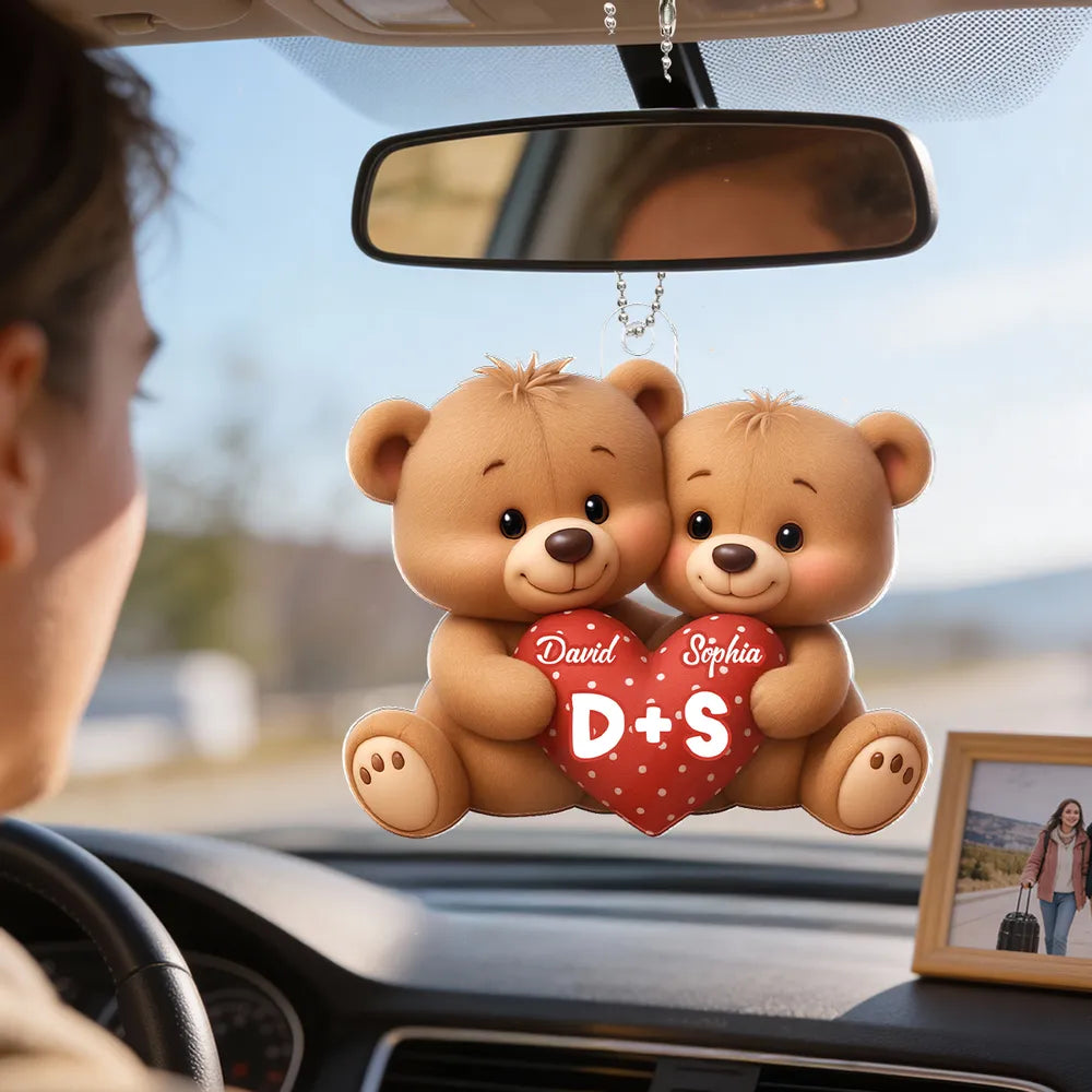Personalized Bear Couple Acrylic Car Hanger Rearview Mirror Decor, Cute Heart Design, Unique Gift for Couples