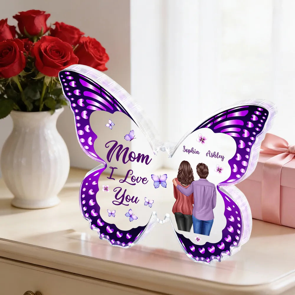Personalized Butterfly Shaped Acrylic Block Plaque, Mom I Love You Gift, Hugging Mom & Daughter Keepsake for Shelf Decor