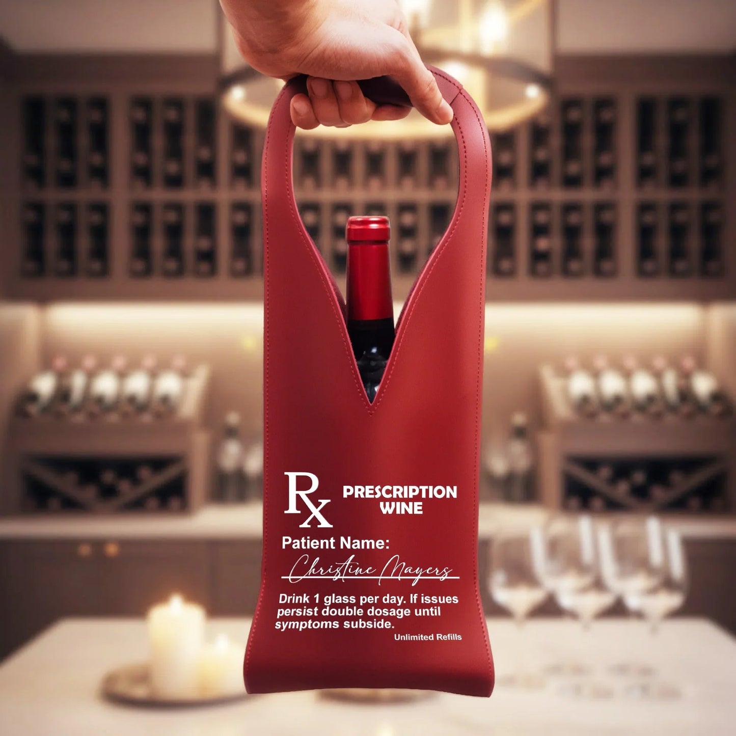Personalized PU Leather Wine Bag Prescription Wine Design Funny Unique Gift for Wine Lovers, Dinner Parties & Host Gifts
