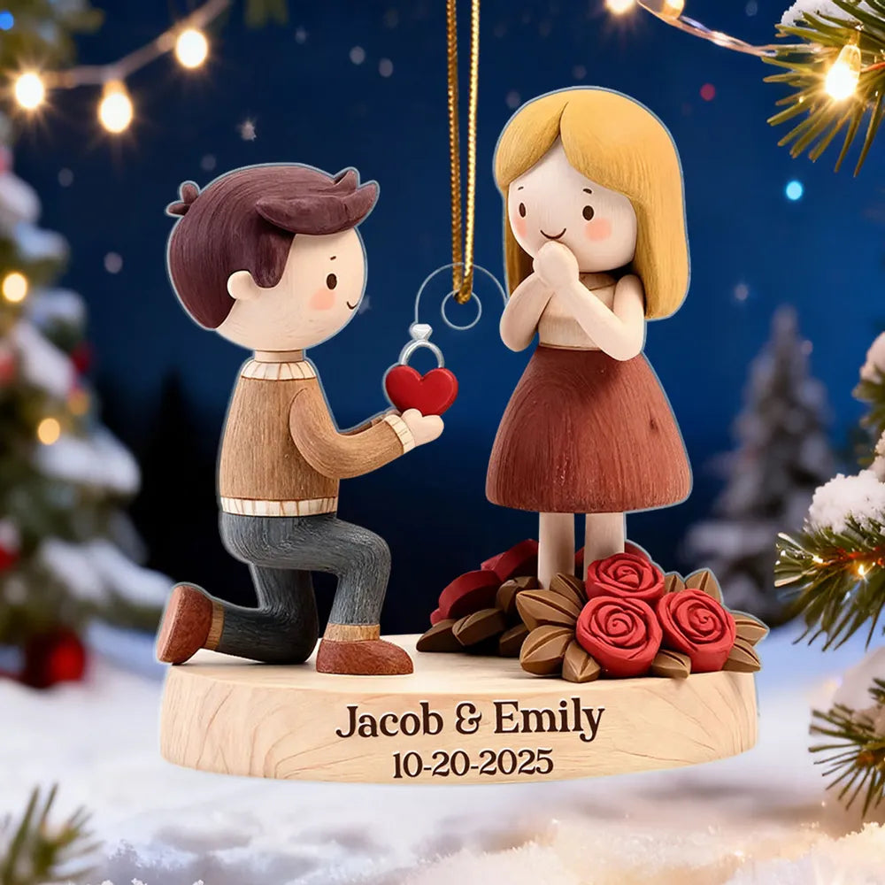 Romantic Personalized Acrylic Ornament with Kneeling Couple and Heart Charm Cozy Holiday Keepsake Unique Gift for Couples