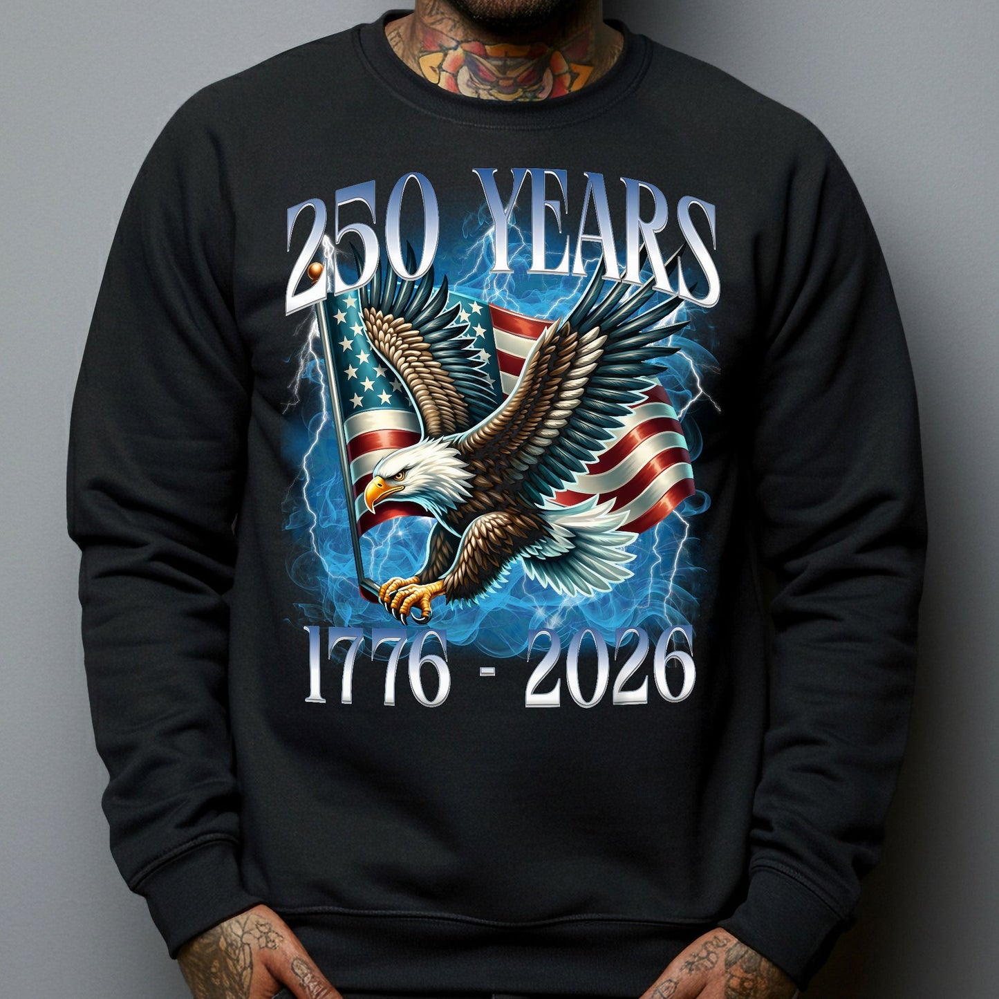 250 Years Patriotic Eagle Over American Flag Classic Tee, Bold Lightning Art, Unique Creative Gift for Proud Americans