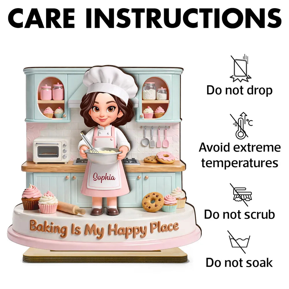 Personalized 2-Layer Wooden Plaque, Baking Is My Happy Place Cute Chef in Pastel Kitchen, Unique Gift for Mom or Grandma