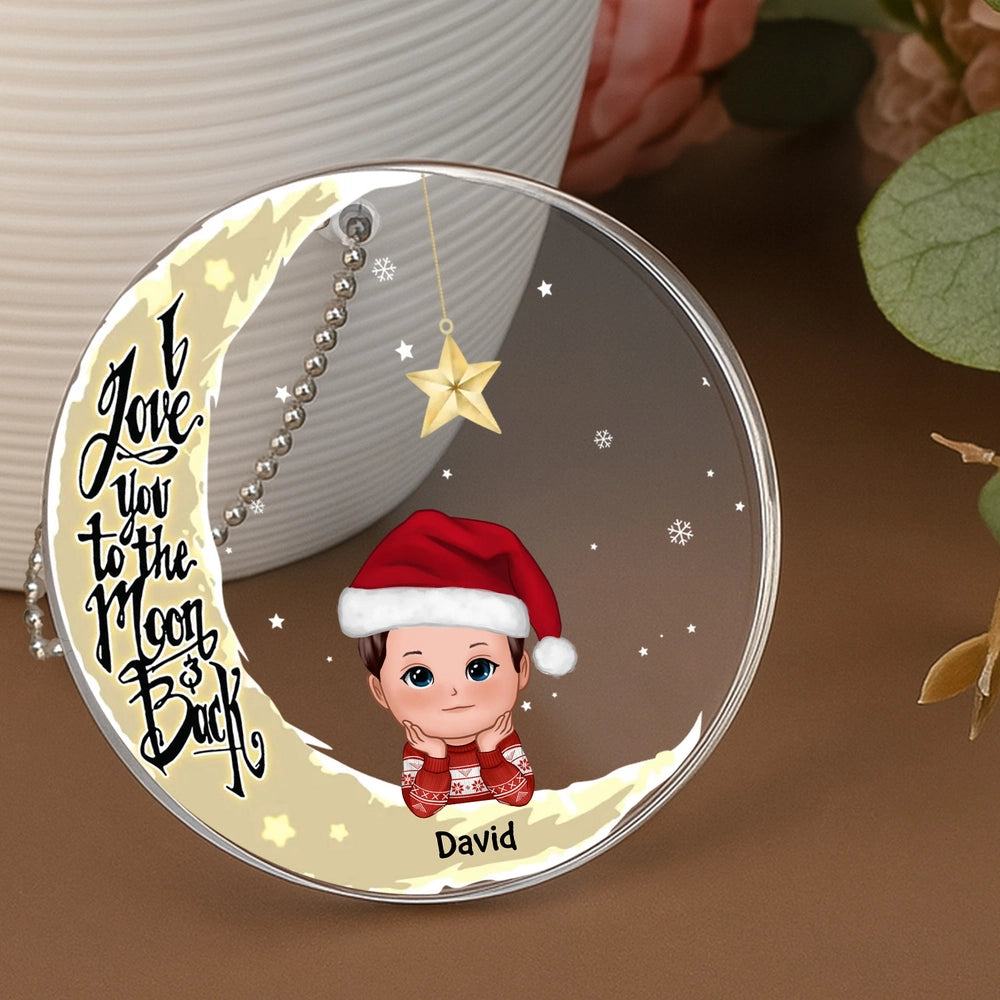 Acrylic Ornament with Crescent Moon & Cute Kid, I Love You to the Moon & Back, Unique Christmas Gift for Mom or Grandma