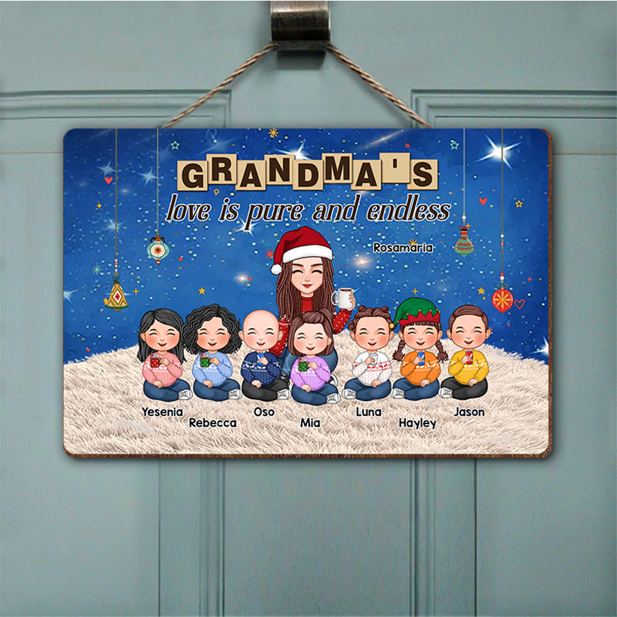 Grandma & Grandkid Sitting On Heart Pattern Moon - Personalized Poster or Canvas or Ornament or Plaque or Keychain