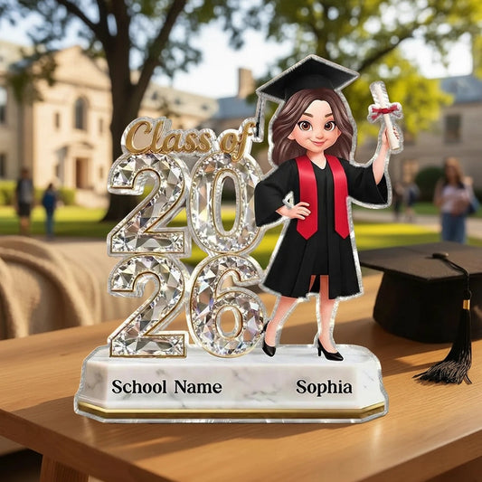 Shaped Acrylic Block Plaque Graduation Decor, Cute Cartoon Grad Holding Diploma, Personalized Keepsake Gift for Her