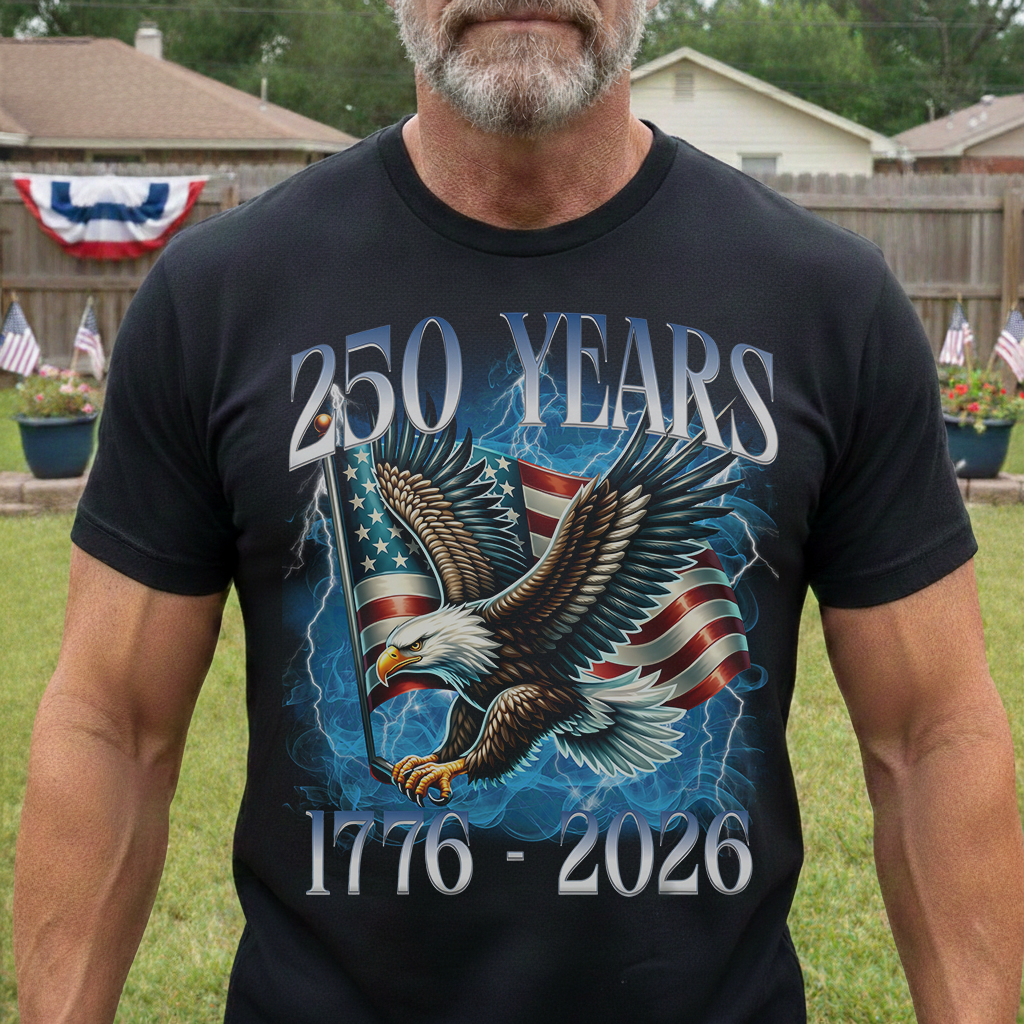 250 Years Patriotic Eagle Over American Flag Classic Tee, Bold Lightning Art, Unique Creative Gift for Proud Americans