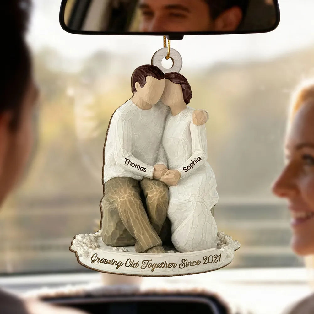 Custom Romantic Wooden Ornament with Cuddling Couple, Cozy Holiday Tree Decoration, Meaningful Unique Gift for Him & Her