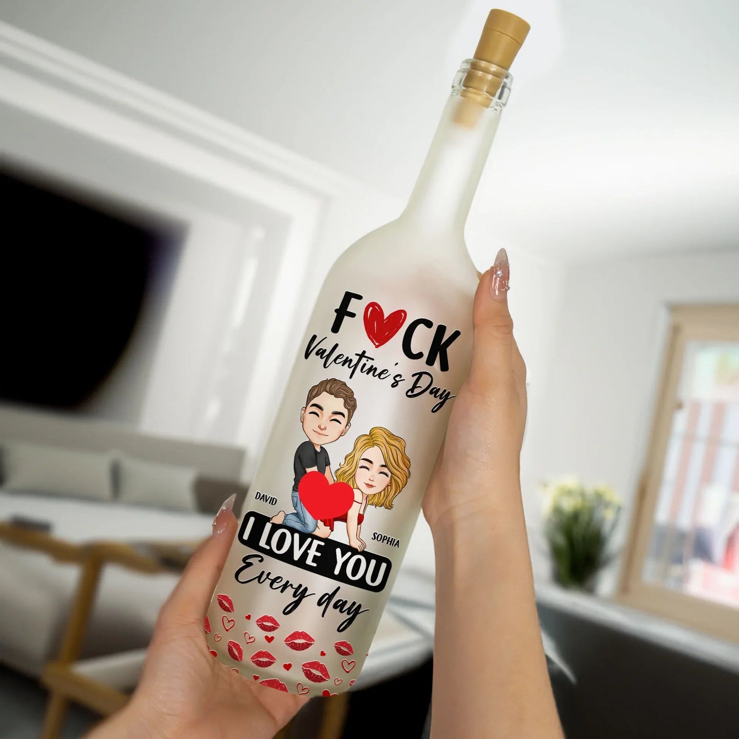 Funny romantic Bottle Lamp with customized couple art and I love you every day message, cozy ambient light, creative gift for couples