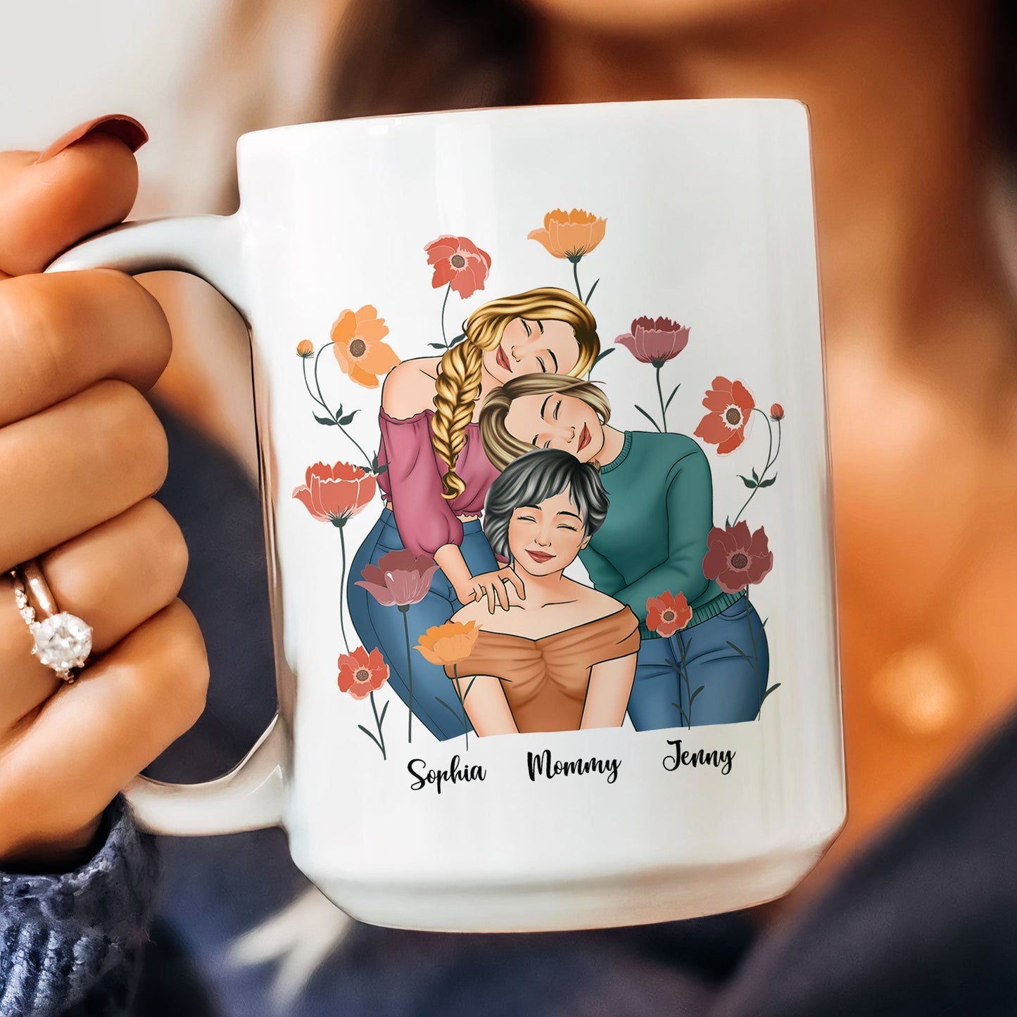Personalized Gift for Mother or Daughter – Ceramic Mug Featuring Hugging Scene with 'First Our Mother, Forever Our Friend'