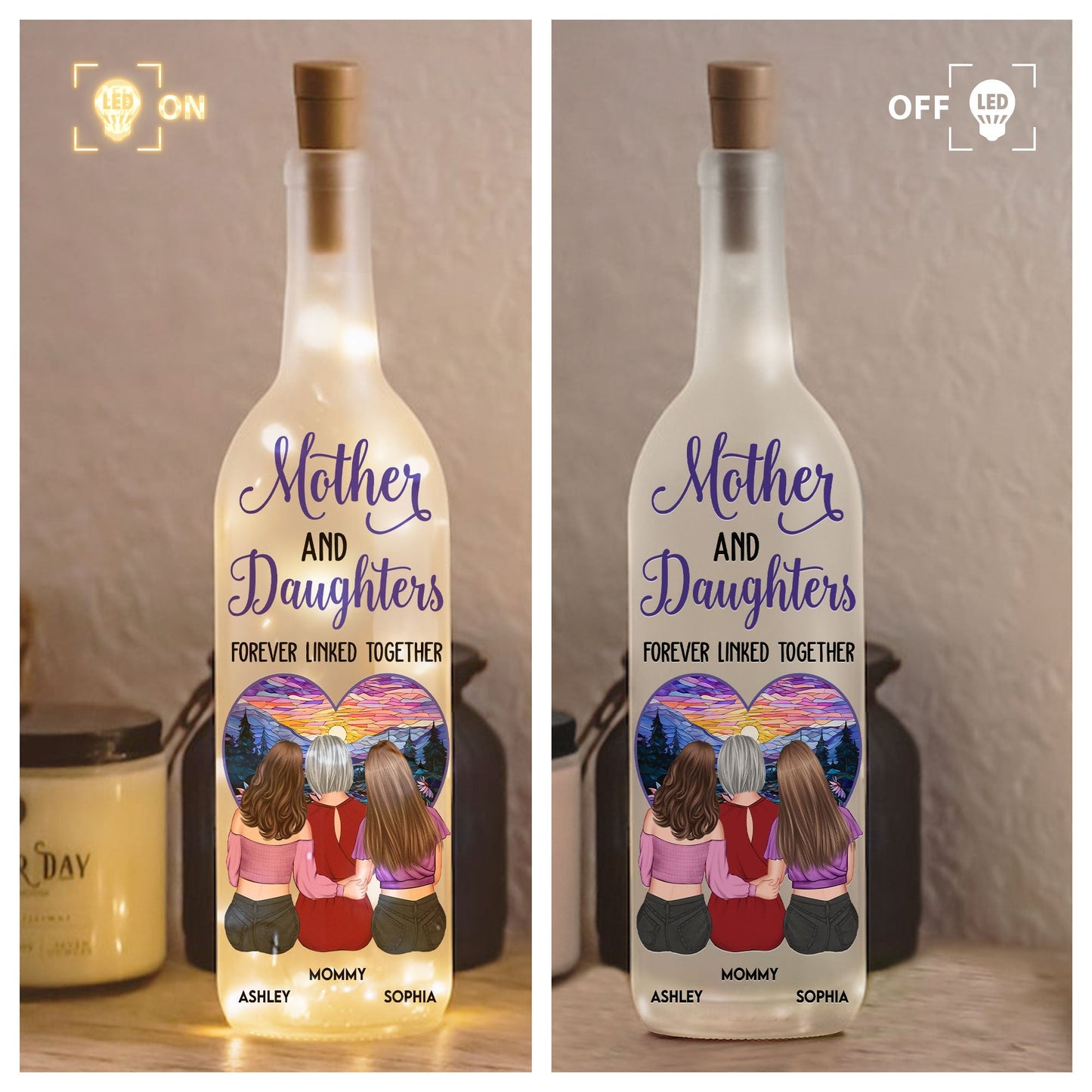 Personalized Bottle Lamp – "Mother and Daughters Forever Linked Together" Custom Light for Mom
