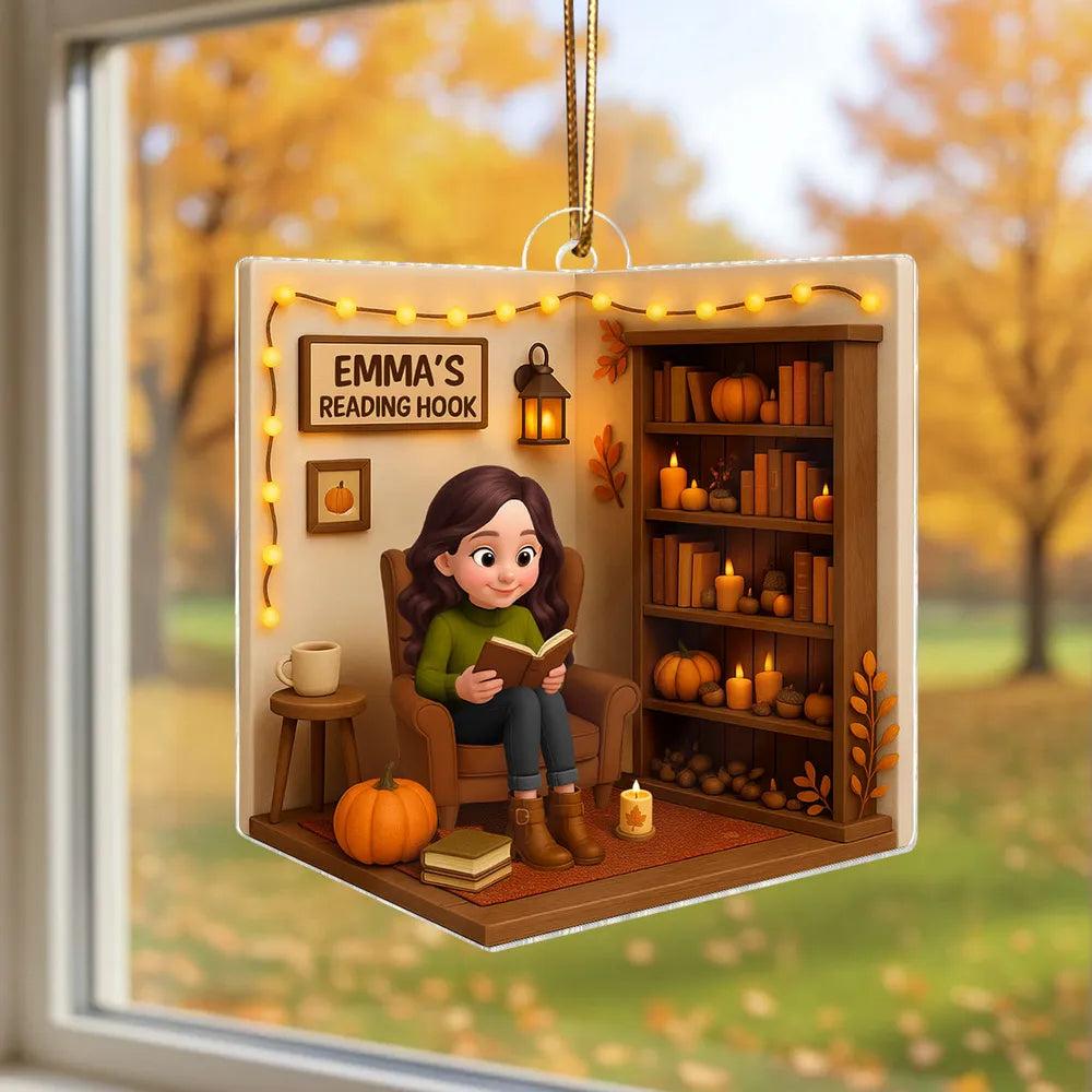 Cozy Autumn Reading Nook Personalized Ornament, Gift for Book Lovers, Creative Fall Gift for Her