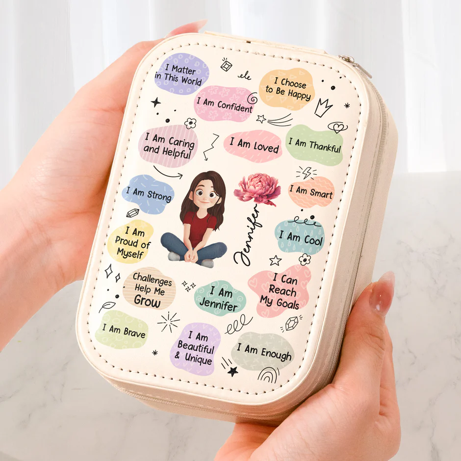 Custom LED Makeup Case with Cartoon Portrait & Positive I Am Quotes – Unique Personalized Makeup Box, Uplifting Gift for Daughter or Friend