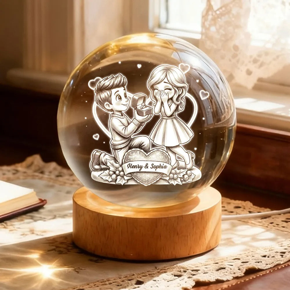 Personalized Crystal Ball LED Night Light, Kneeling Proposal Scene Night Light, Sweet Romantic Gift for Valentine's Day