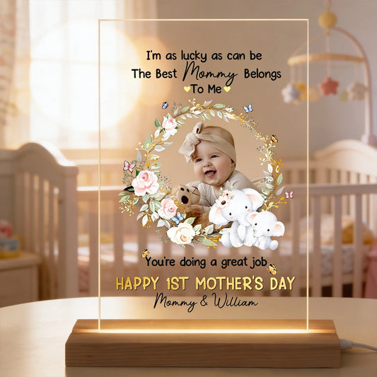 Personalized LED Light Plaque with Baby Photo and Sweet Elephant Floral Wreath, Mother's Day Gift for Mom, Cozy Ambient Glow