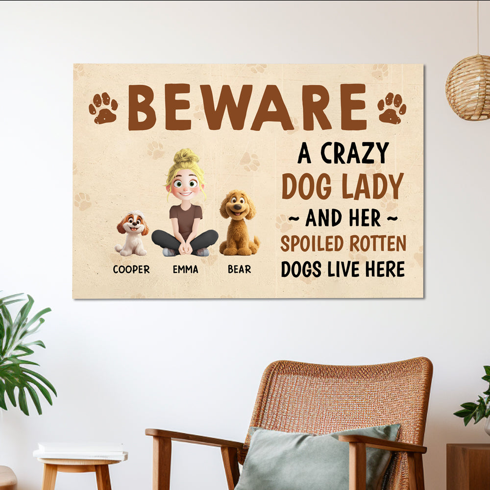 Beware – A Crazy Dog Lady and Her Spoiled Dogs Live Here! Funny Customizable Sign for Dog Lovers, Great Gift for Pet Owners, Available as Rectangular Iron Sign, Wooden Sign, and Keychain
