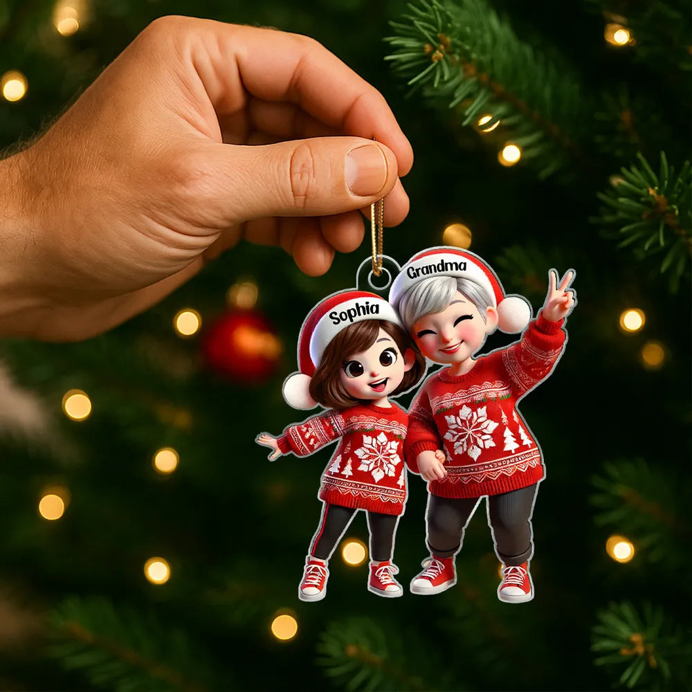Acrylic Ornament with Grandma & Grandchild Christmas Theme, Festive Red Sweater Design, Perfect Family Gift Keepsake
