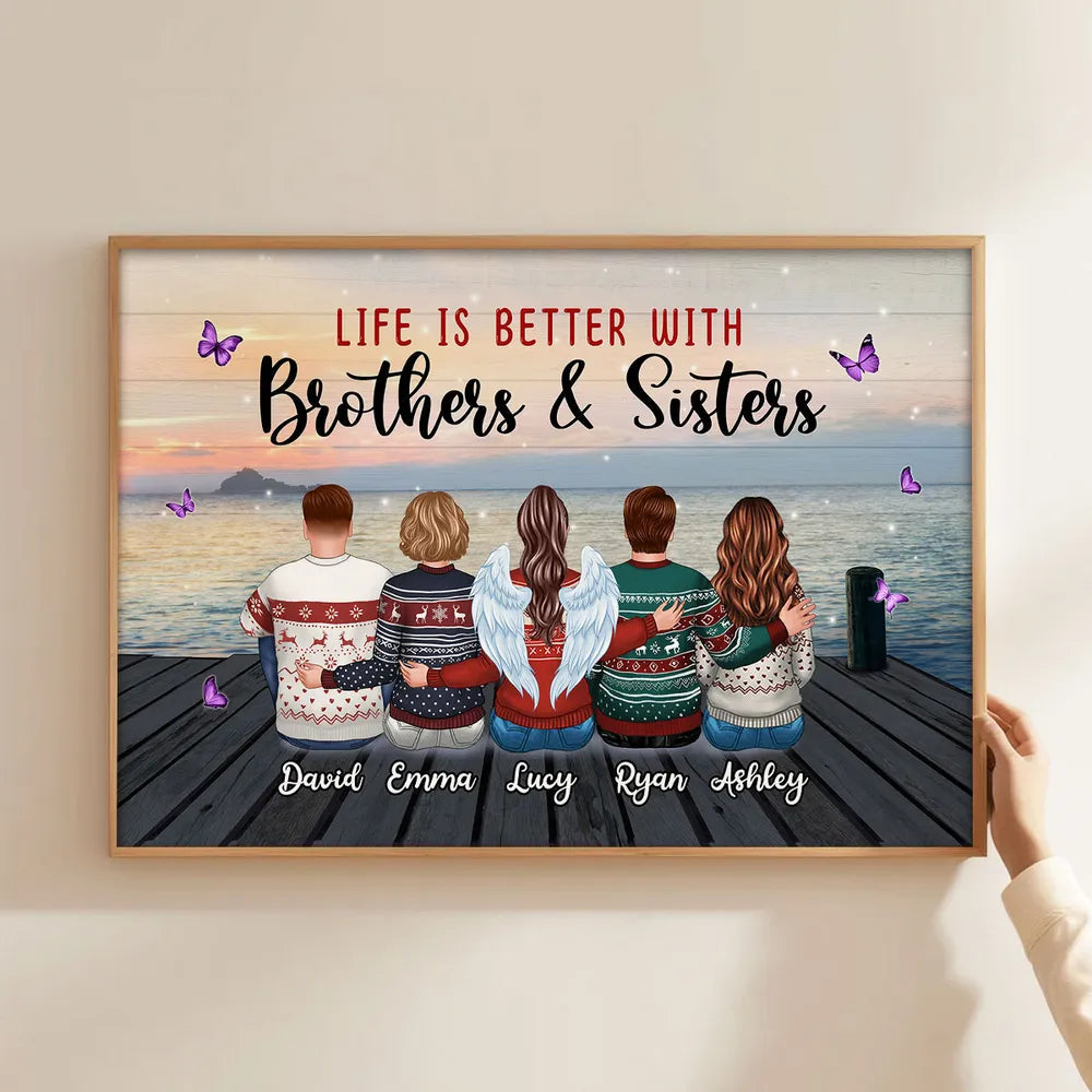 Personalized Brothers & Sisters Sunset Dock Poster, Sitting Siblings Wall Art, Unique Gift for Family