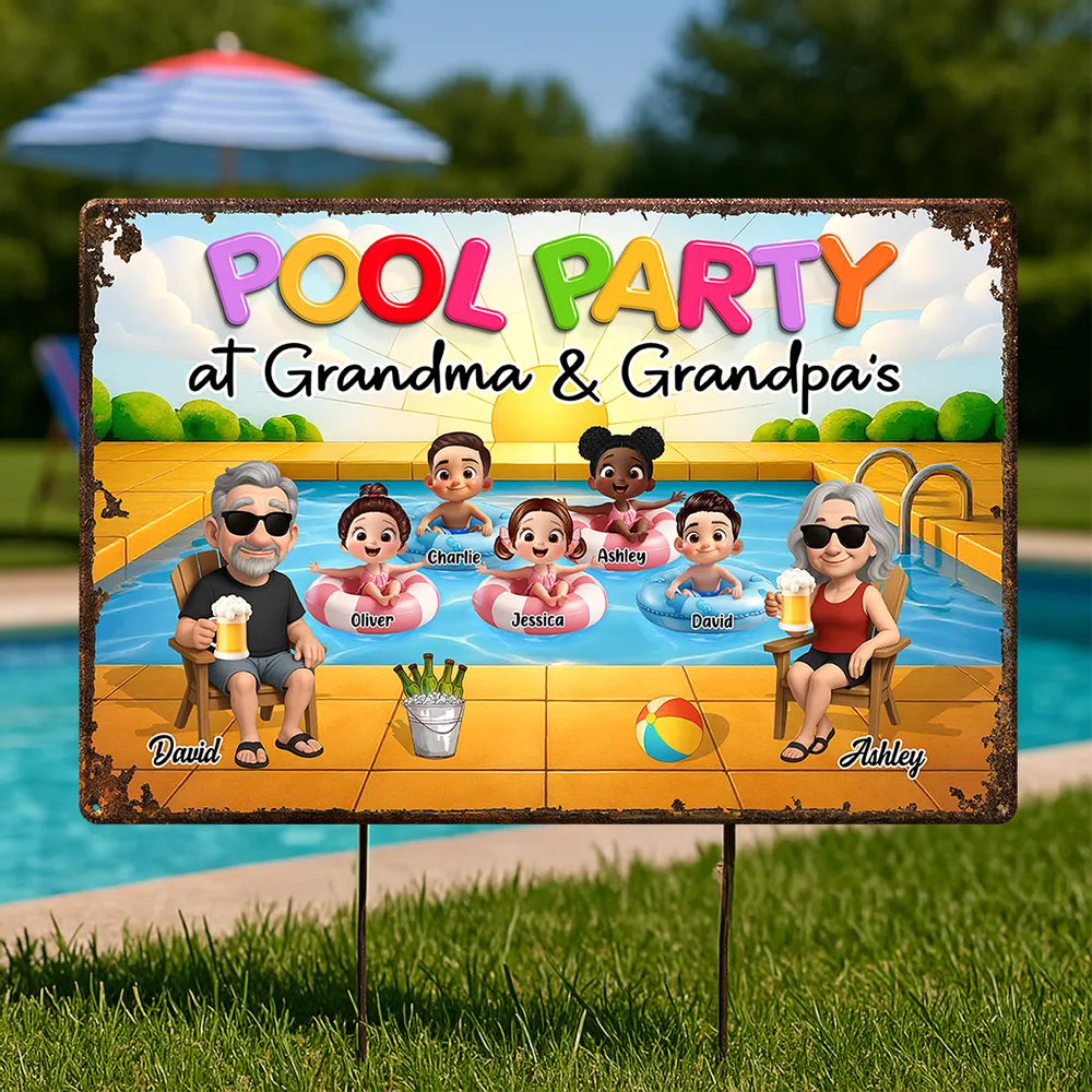 Summer Pool Party Vibes – Personalized Iron Sign with Family Illustration, Gift for Grandma & Grandpa