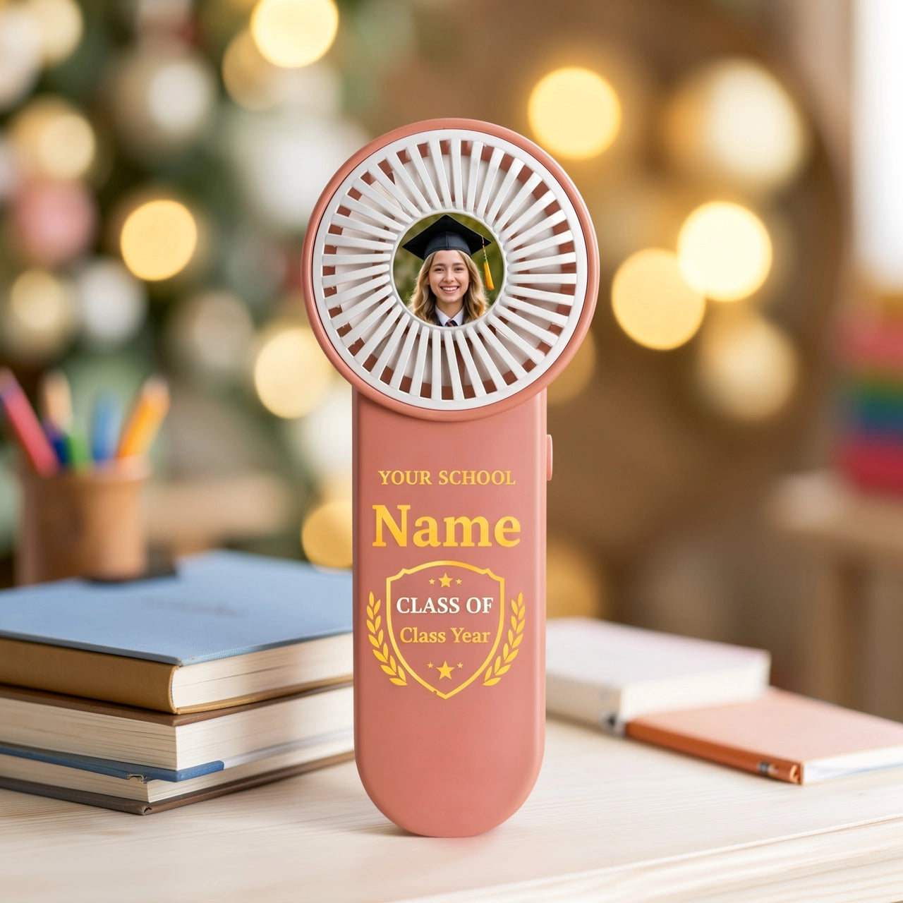 Custom School Pride Handheld Fan with Graduate Portrait - Thoughtful Keepsake Gift for Graduation Season