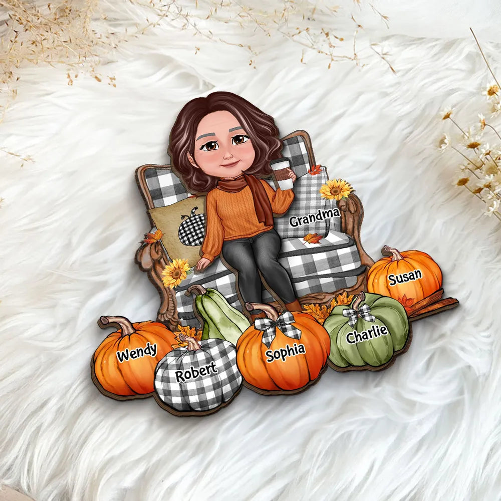 "Personalized Grandma's Autumn Pumpkin Ornament, Poster, Keychain, Plaque, Pillow & Blanket and Cup - A Heartwarming Gift for Loved Ones"