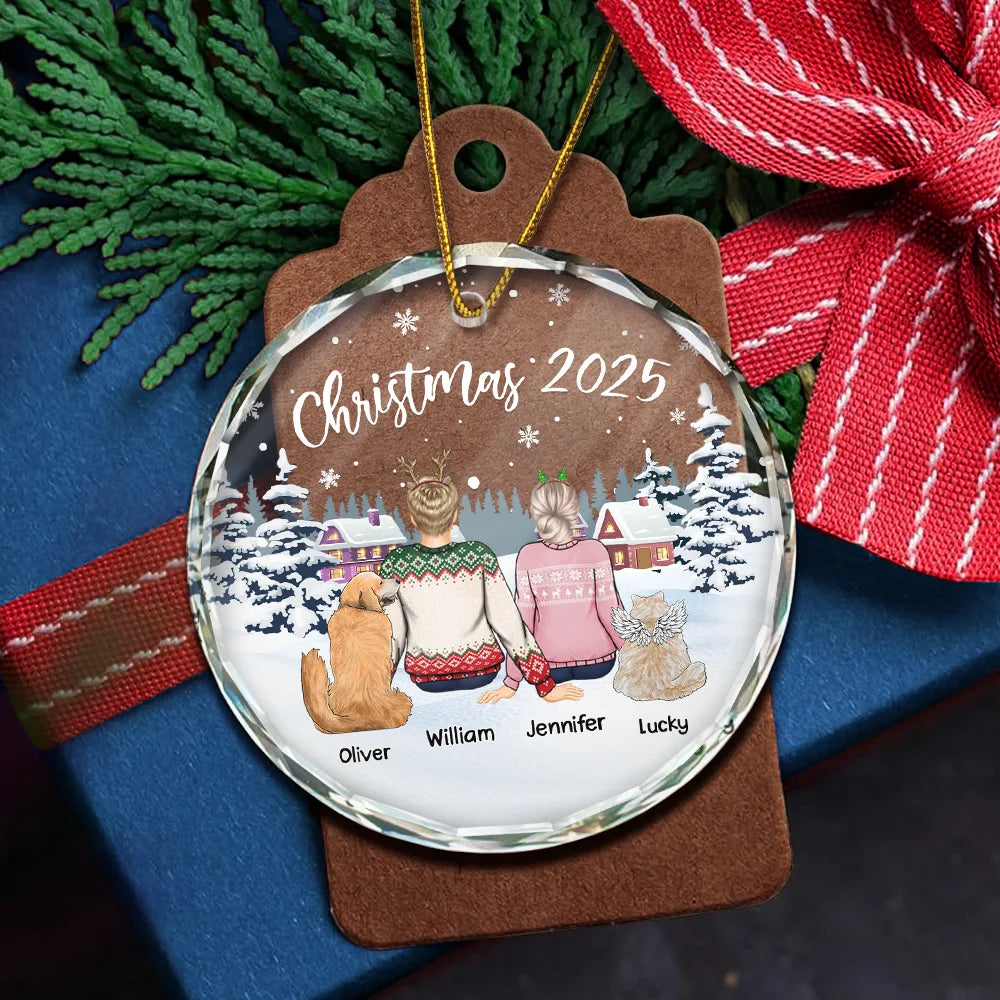 Crystal Ornament with cozy snowy village scene, customizable couple & pets design, perfect Christmas gift