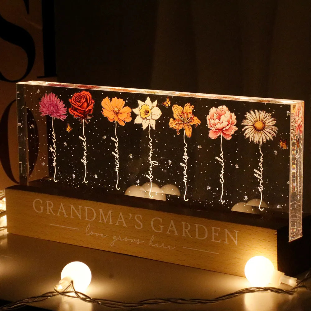 Personalized LED Plaque with Grandkids' Names & Birth Month Flowers