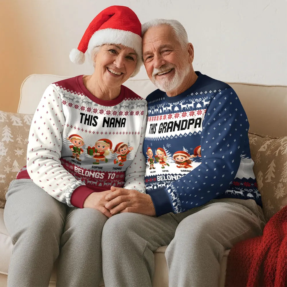 Sweatshirt with Christmas Elves, Custom All-Over Print for Nana, Cozy, Unique Holiday Gift, This Nana Belongs To