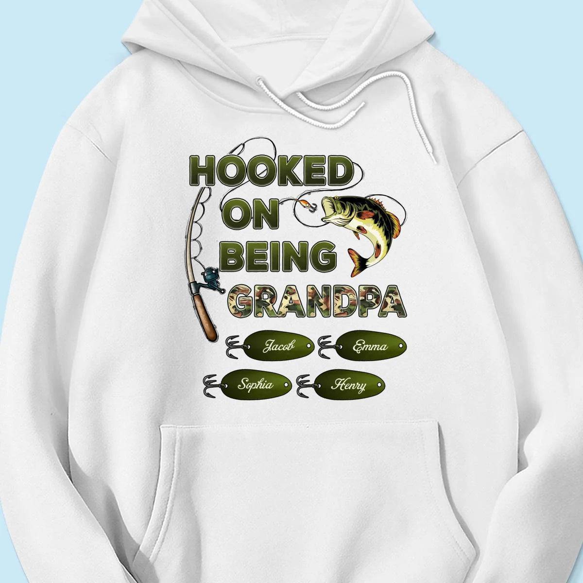 "Personalized Grandpa Fishing T-Shirt/Hoodie - Hooked on Being Grandpa - Ideal Father's Day or Birthday Gift"